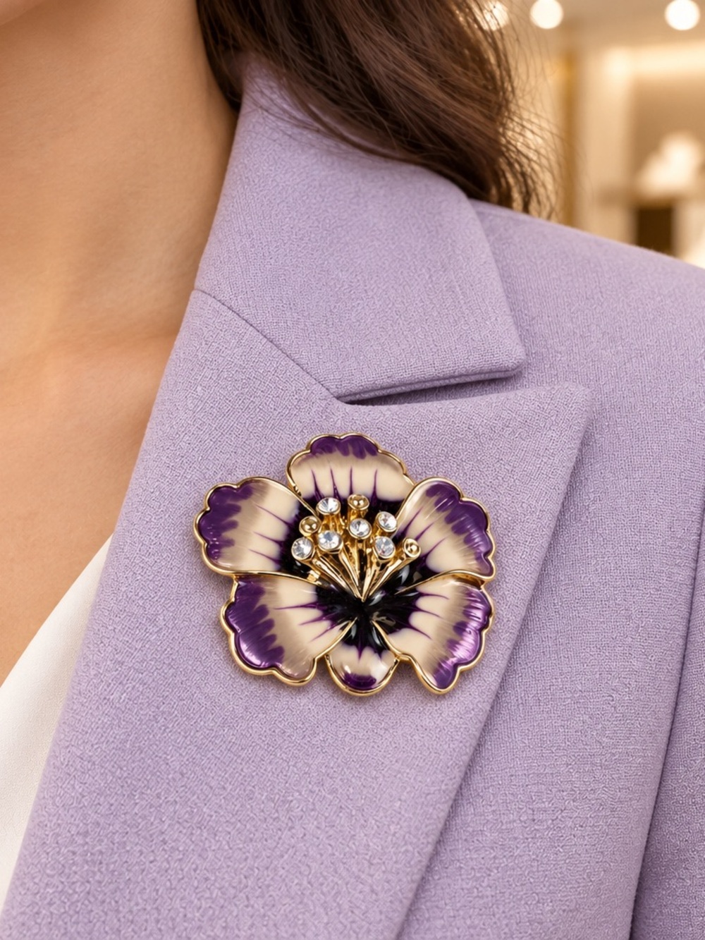 Vintage Anne Klein Purple Pansy Flower Enamel Gold Tone Brooch